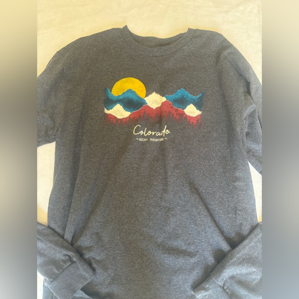 Grey blue Colorado Rocky Mountain long-sleeve shirt.